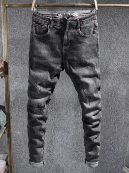 Koreansk Stil, Mode Mænd Jeans Af Høj Kvalitet Sort Grå Slim Fit Elastisk Rippet Denim Blyant Bukser, Vintage Designer Bukser Mandlige 2