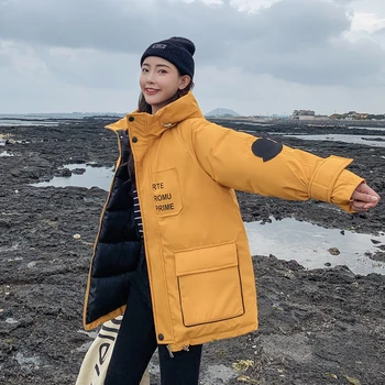 Koreanske kvinder lange vinter jakker løs tyk parka hooded safari style brev print bomuld vatteret frakke femme cazadora mujer 5