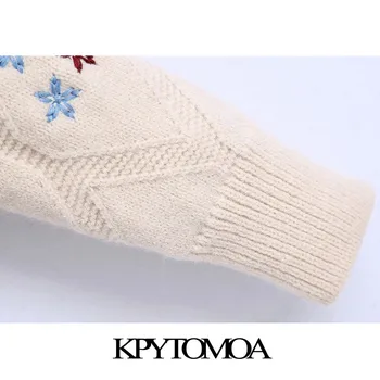 KPYTOMOA Kvinder 2020 Mode Blomster Broderi Beskåret Strikket Cardigan Sweater Vintage Lange Ærmer Kvindelige Overtøj Smarte Toppe 19268
