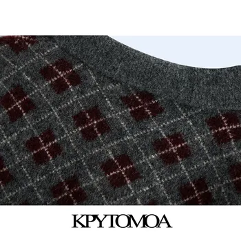 KPYTOMOA Kvinder 2020 Mode Med Argyle Beskåret Strikket Sweater Vintage Revers Krave Lange Ærmer Kvindelige Pullovere Smarte Toppe
