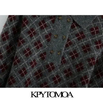 KPYTOMOA Kvinder 2020 Mode Med Argyle Beskåret Strikket Sweater Vintage Revers Krave Lange Ærmer Kvindelige Pullovere Smarte Toppe 1