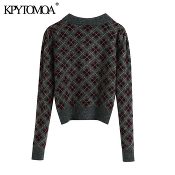 KPYTOMOA Kvinder 2020 Mode Med Argyle Beskåret Strikket Sweater Vintage Revers Krave Lange Ærmer Kvindelige Pullovere Smarte Toppe 2