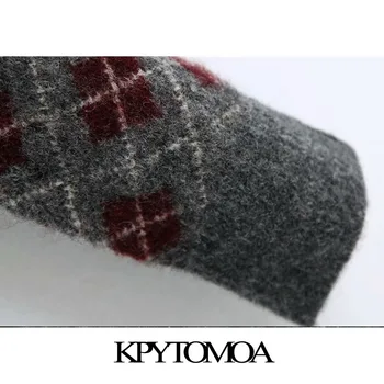 KPYTOMOA Kvinder 2020 Mode Med Argyle Beskåret Strikket Sweater Vintage Revers Krave Lange Ærmer Kvindelige Pullovere Smarte Toppe 4