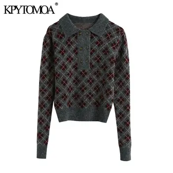 KPYTOMOA Kvinder 2020 Mode Med Argyle Beskåret Strikket Sweater Vintage Revers Krave Lange Ærmer Kvindelige Pullovere Smarte Toppe 5