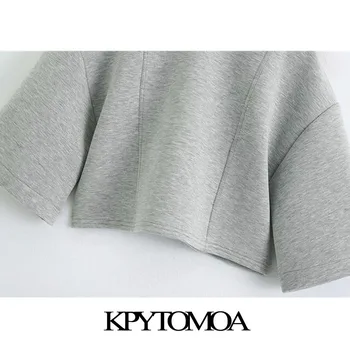 KPYTOMOA Kvinder 2020 Mode Søm Detaljer Løs Beskåret Sweatshirts Vintage Korte Ærmer Lynlås i Ryggen Kvindelige Pullovere Smarte Toppe 3