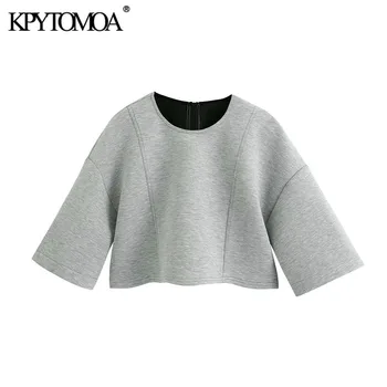 KPYTOMOA Kvinder 2020 Mode Søm Detaljer Løs Beskåret Sweatshirts Vintage Korte Ærmer Lynlås i Ryggen Kvindelige Pullovere Smarte Toppe 4