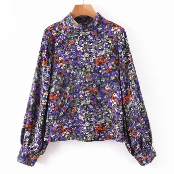 Kvinder Bluser 2021 Lanterne Ærme Stå Krave Vintage Skjorte Lilla Blomstret Print, Smock Shirts Koreanske Smarte Læg Chemise Toppe 3