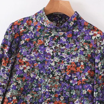 Kvinder Bluser 2021 Lanterne Ærme Stå Krave Vintage Skjorte Lilla Blomstret Print, Smock Shirts Koreanske Smarte Læg Chemise Toppe 5