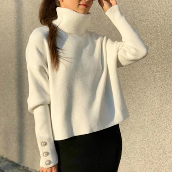 Kvinder Casual Solid Sweater Efterår og Vinter Lange Ærmer Rullekrave Pullover-Knappen, Strikket Jumper Trøje kvindelige 2020 5