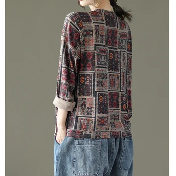 Kvinder, Etniske Stil T-Shirt Med V-Hals Og Print Elastisk Stof Langærmet Retro Vintage Casual Stor Løs Oversize B01110849 3