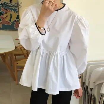 Kvinder Mode Flæse Bluse ZANZEA Foråret Bue Snor Top Elegante Kontor Dame Blusa Kvindelige snøre Puff Ærmer Shirt i Overstørrelse 0