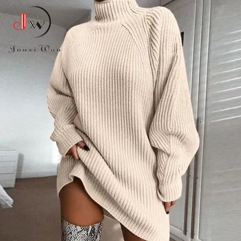 Kvinder Rullekrave Overdimensionerede Strikket Kjole Efteråret Solid Langærmet Afslappet Og Elegant Mini Sweater Kjole Plus Size Vinter Tøj