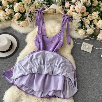 Kvinder short print butterfly kort mini lilla kjole 2020 sommer uden ærmer bandage stropper kjoler, flæser vestidos kleid 0