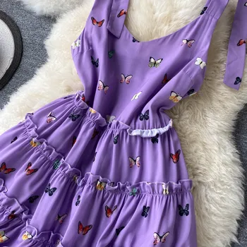 Kvinder short print butterfly kort mini lilla kjole 2020 sommer uden ærmer bandage stropper kjoler, flæser vestidos kleid 5