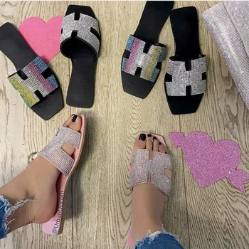 Kvinder Simple mode damer sommeren 2020 ny koreansk modetøj rhinestones tøfler, fladskærms afslappet ferie stranden Kvinder sko 2