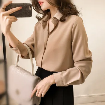 Kvinder Skjorter Nye 2018 Sommeren dame Elegant Chiffon Skjorte Bluse Solid langærmet kontor Damer Mode Shirts Toppe Femme 1