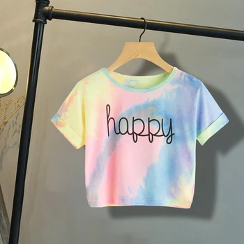 Kvinder Sommer Glad Brev Trykt Tie Dye Print Knude Foran Casual Girls T-Shirts Børn 2019 Sommeren Cap Ærmet Colorblock Børn