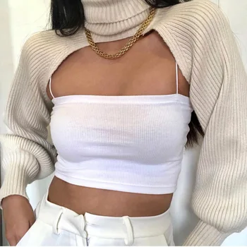 Kvinder Sweater Kvinder Sweater Mode Elegant ensfarvet Høj Krave Lange Puff Ærmer Strik Pullover til Kvinder 2020 Nye Hot 0