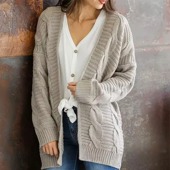 Kvinder sweater ny drejning cardigan solid farve lange tykke sweater 0