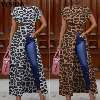 Kvinder Tunika Vintage Leopard Trykte Shirts VONDA 2021 Sommer Bluse Og Toppe Kontor Ferie Split Hem Fest Toppe Plus Size Blusa 2