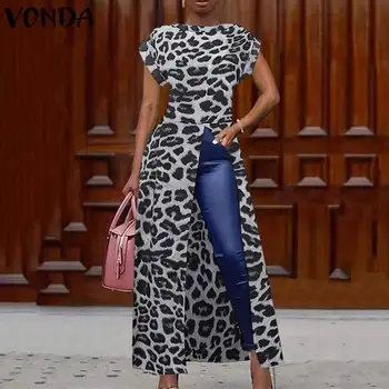 Kvinder Tunika Vintage Leopard Trykte Shirts VONDA 2021 Sommer Bluse Og Toppe Kontor Ferie Split Hem Fest Toppe Plus Size Blusa 4