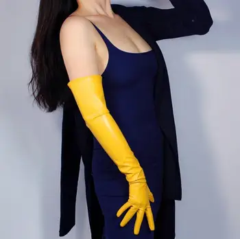 Kvinders mode gul farve sexet slank imiteret pu læder handske lady ' s club ydeevne formel part læder lang handske 60cm R2087 3