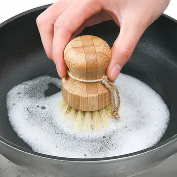 Køkken Pot Børste Rundt Bambus Håndtag Palm Pot Børste Skrubbe Børste Til Vask Retter, Potter, Pander Og Grøntsager 1