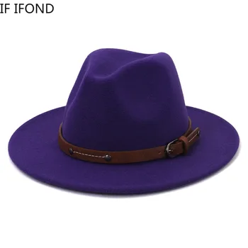 Lady Britisk Mode Wide Brim Enkel Top Fedoras Hat Unisex Jazz hat Med Bælte Vintage Trilby Filt Hat 1