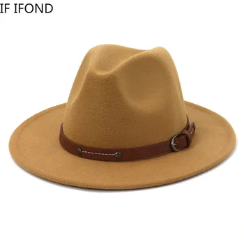 Lady Britisk Mode Wide Brim Enkel Top Fedoras Hat Unisex Jazz hat Med Bælte Vintage Trilby Filt Hat 2