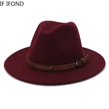 Lady Britisk Mode Wide Brim Enkel Top Fedoras Hat Unisex Jazz hat Med Bælte Vintage Trilby Filt Hat 3