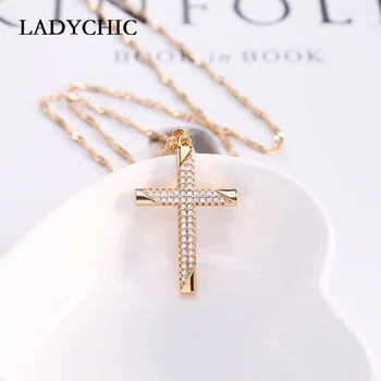 LADYCHIC Guld Farve Cross Charm Halskæde med Østrigske Zircon Krystaller Mænd & Kvinder Kristus Jesus Kors Halskæder LN1109 1