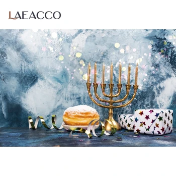 Laeacco Happy Hanukkah Chanukah Festivaler, Part Menorah Stearinlys Brød Cement Væg Plakat Foto Baggrund Fotografering Baggrund 7925