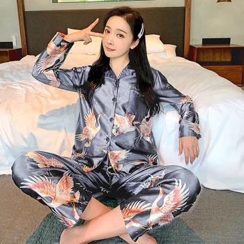 Langærmet Silke Pyjamas Sæt til Kvinder Søde Print Nattøj Efteråret Kvinder Nattøj Klud Afslappet Hjem Bære Bløde Pyjamas Pige 5