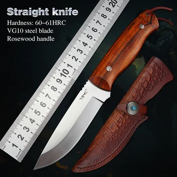 Lige Kniv VG10 Stål Faste Blade Lomme Kniv EDC Værktøj Med Træ Folde Knive Brug Til Udendørs Camping Overlevelse Taktisk 14072