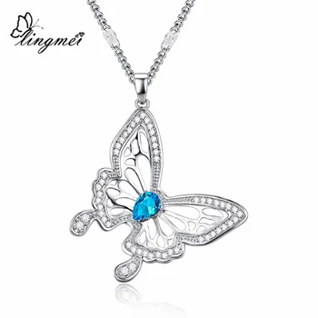 Lingmei Engros Drop Shipping Butterfly Fashion Kvinder ewelry Flerfarvet & Blue Zircon Sølvfarvet Halskæde Kæde 9484