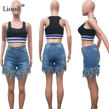 Liooil Neon Kvast Jeans Shorts Kvinder 2021 Sommeren Elastisk Høj Talje Bomuld Jean Kort Plus Size Sexet Denim Shorts Sexede Club 0