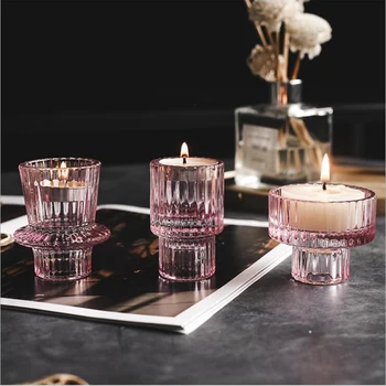 Lodret stribe pink glas med dobbelt anvendelse lysestage glas lysestage cup romantisk candle cup hjem lysestage dekoration 3