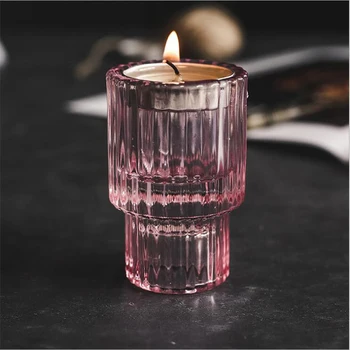 Lodret stribe pink glas med dobbelt anvendelse lysestage glas lysestage cup romantisk candle cup hjem lysestage dekoration 4