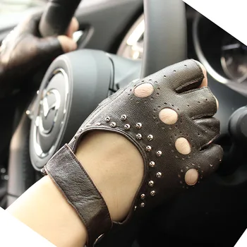 Læder halv finger handsker kvinders tynd kort uforet foråret, sommeren og efteråret udendørs motorcykel ridning og kørsel 4