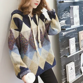 Løs Argyle Hat Pullover Sweater Woomen 2020 Foråret Lange Ærmer Studerende Strikket Sweater Kvinder 4