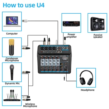 M-6 Bærbare Mini Mixer o DJ Console med lydkort, USB, 48V Phantom Power til PC Optagelse Sang Webcast Party(US-Stik) 1