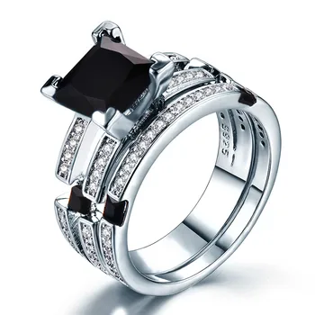 Mand Kvinde Black Stone Ring Sæt Elsker Zircon Ring Fashion Sølv Farve Fyldt Smykker Løfte Engagement Ringe Til Mænd Og Kvinder 11347