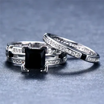 Mand Kvinde Black Stone Ring Sæt Elsker Zircon Ring Fashion Sølv Farve Fyldt Smykker Løfte Engagement Ringe Til Mænd Og Kvinder 2