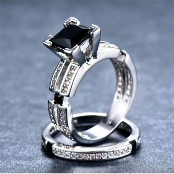 Mand Kvinde Black Stone Ring Sæt Elsker Zircon Ring Fashion Sølv Farve Fyldt Smykker Løfte Engagement Ringe Til Mænd Og Kvinder 3
