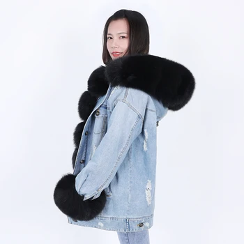 MAOMAOKONG vinter denim jakke med stor pels krave lavet af naturlige fox fur, løs, stilfuld, varm og flytbare kanin pels lini 2
