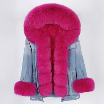 MAOMAOKONG vinter denim jakke med stor pels krave lavet af naturlige fox fur, løs, stilfuld, varm og flytbare kanin pels lini 4