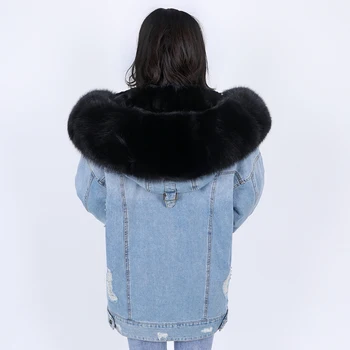 MAOMAOKONG vinter denim jakke med stor pels krave lavet af naturlige fox fur, løs, stilfuld, varm og flytbare kanin pels lini 5