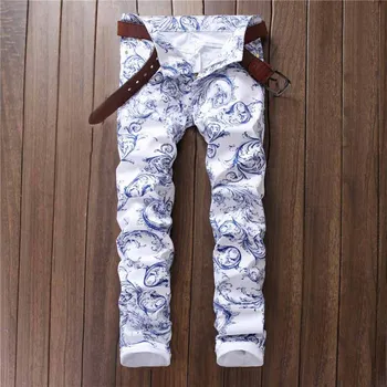 Mcikkny Mode Mænds Malede Jeans Bukser, Slim-Fit Stretch Denim Bukser Blomstret Hvid Design Mænds Jeans Løbere 0
