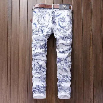 Mcikkny Mode Mænds Malede Jeans Bukser, Slim-Fit Stretch Denim Bukser Blomstret Hvid Design Mænds Jeans Løbere 1