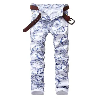 Mcikkny Mode Mænds Malede Jeans Bukser, Slim-Fit Stretch Denim Bukser Blomstret Hvid Design Mænds Jeans Løbere 2